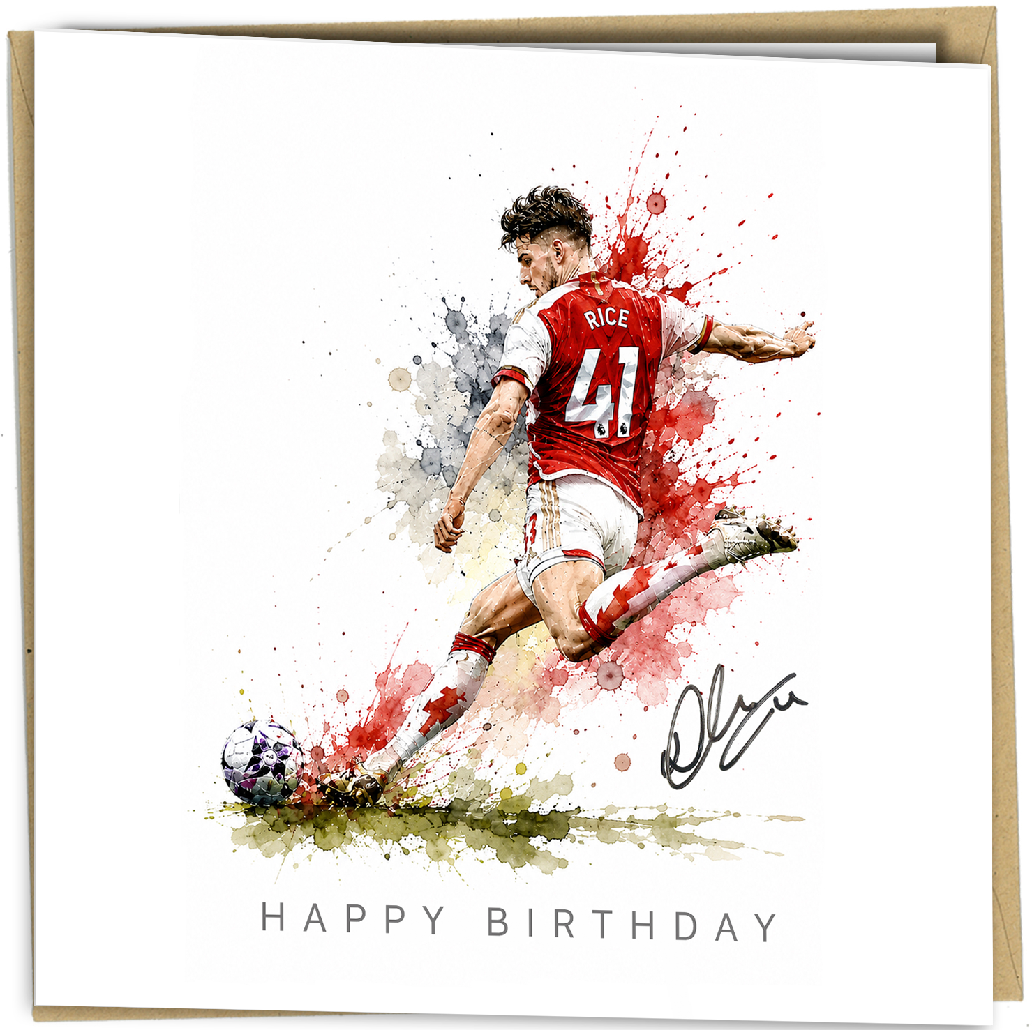 Celebrate a football fan’s birthday with this stylish Declan Rice inspired birthday card featuring a dynamic watercolour football illustration design. Perfect for Arsenal supporters, football lovers, teenage boys, dads, brothers, sons, friends or anyone who loves the beautiful game.

Printed on premium quality cardstock with a clean modern finish, this football birthday card is ideal for birthdays, football themed gifts and sports fans alike.

Whether you’re buying for an Arsenal supporter or a football obs