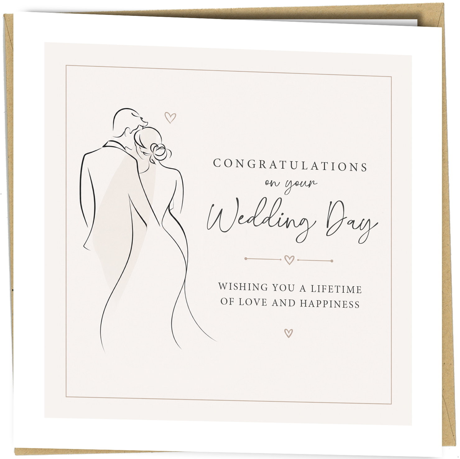 Celebrate a special wedding day with this elegant and timeless wedding congratulations card. Featuring a beautiful minimalist illustration of a bride and groom alongside a sophisticated neutral colour palette, this card is perfect for sending your best wishes to the happy couple.

Designed with a contemporary style that complements any wedding celebration, this card offers a thoughtful way to congratulate newlyweds as they begin their journey together.

Printed on premium-quality cardstock and supplied with