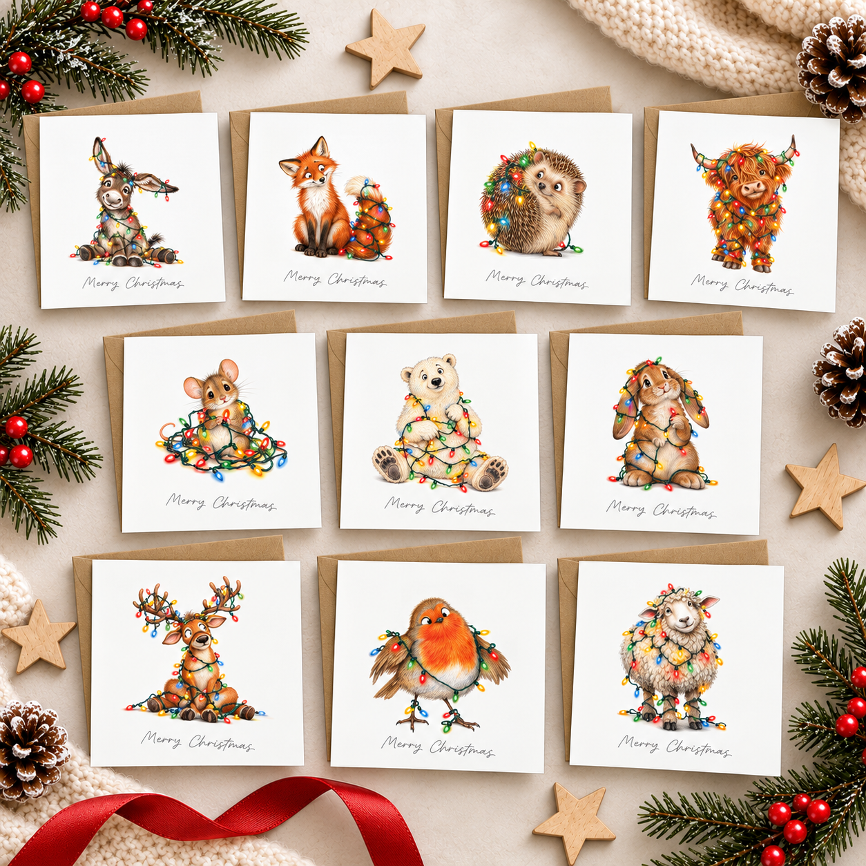 Add some fun to your festive card sending with this pack of 10 assorted animal Christmas cards.

Each card features a different cute animal wrapped in colourful Christmas lights, including a donkey, fox, hedgehog, Highland cow, mouse, polar bear, rabbit, reindeer, robin and sheep.

Every design features the wording:

“Merry Christmas”

A cheerful mixed pack that is ideal for sending to friends, family, neighbours, colleagues and animal lovers.

PRODUCT DETAILS

• Pack of 10 assorted Christmas cards
• 10 dif