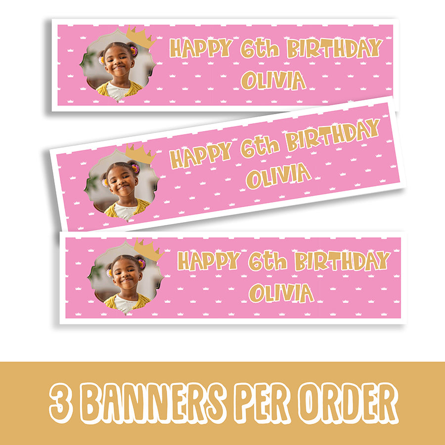B007 - 3 x Personalised Princess & Crown Birthday Banner