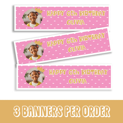 3 x Personalised Princess & Crown Birthday Banner