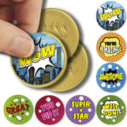 175 x Superhero Comic Praise Words - Themed Teacher Reward Stickers - Size 37mm - Close to the Bone Greeting Cards