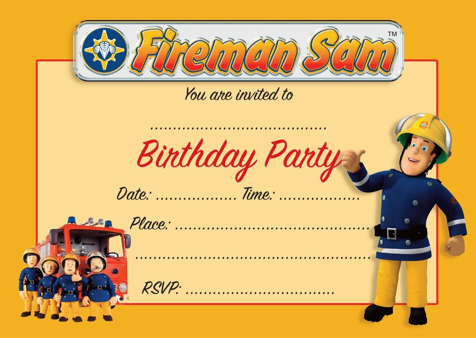 #24 Fireman Sam Invitations x10