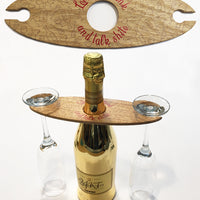 "Let's get drunk and talk shite." Wine Bottle & Glass Holder Handmade Wood Stand for 2 Glasses & Bottle
